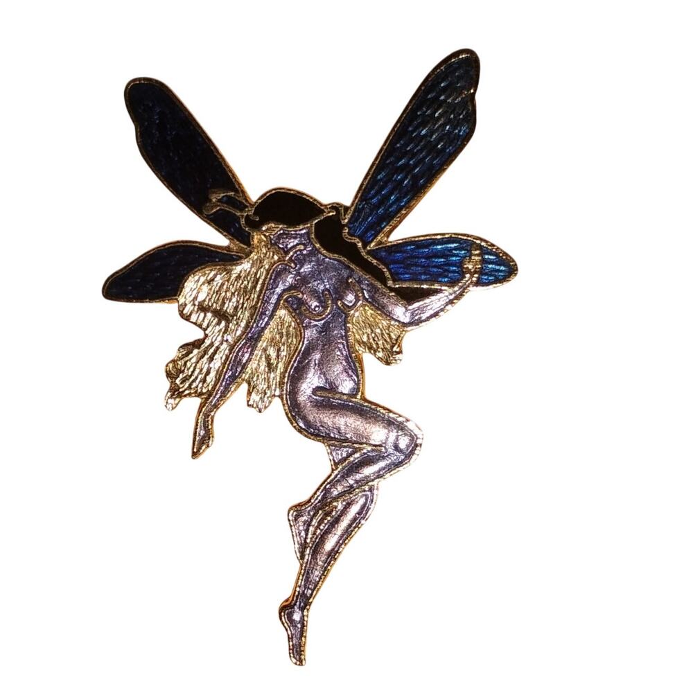 Vintage Gold Tone Blue Purple Enamel Fairy Brooch – 2.25"